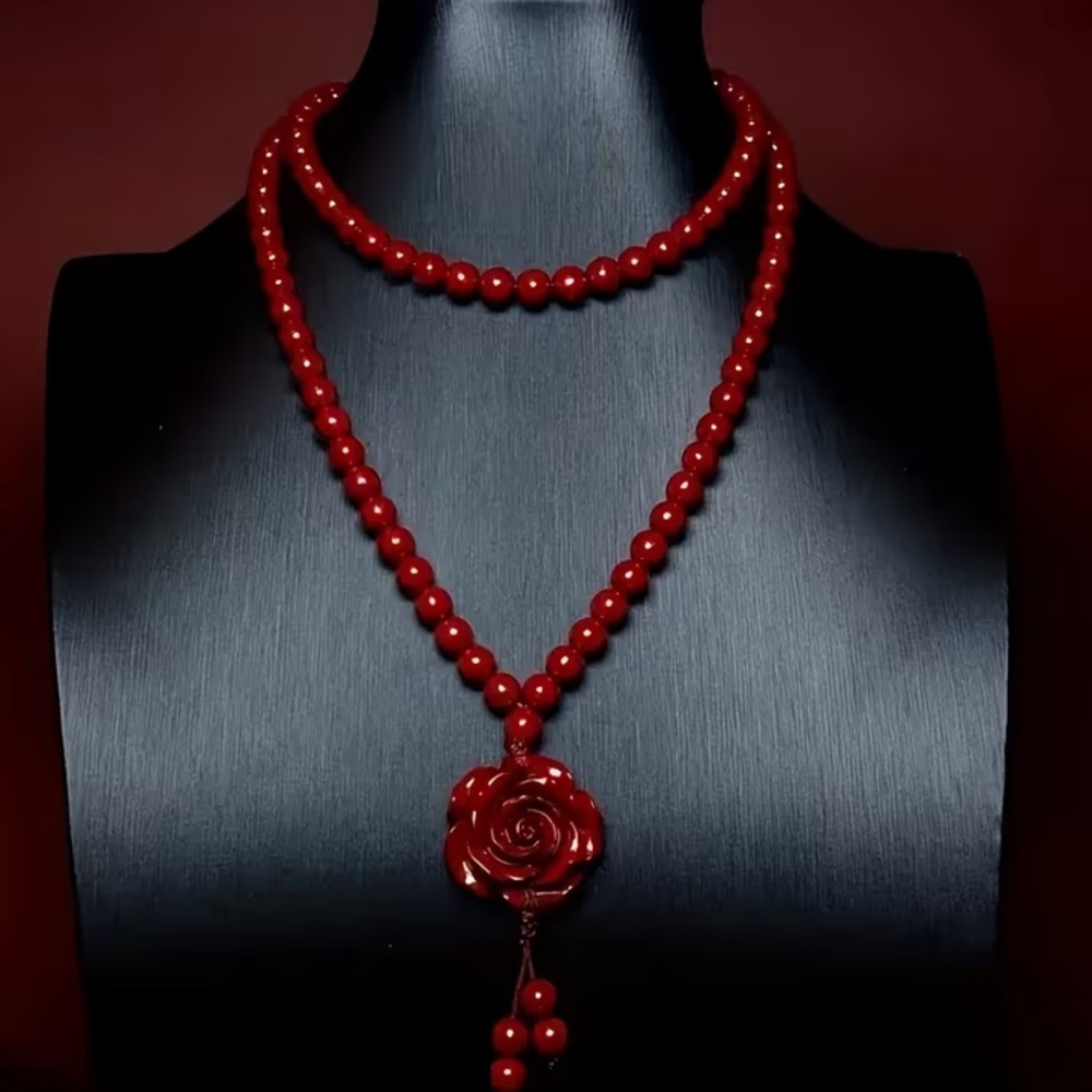 Elegant Red Beaded Necklace with Rose Charm - Picture 8 of 8